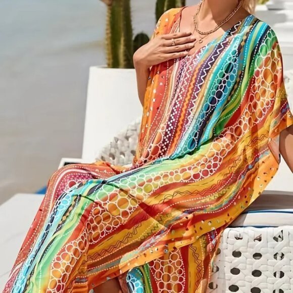 Kaftan Dress Wavy Sunset Waterfall Cover Up NEW 🧡 LAST 1 💛 - Picture 1 of 10